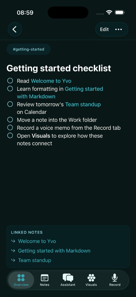 Yvo note with checklist, wikilinks, and linked notes in markdown